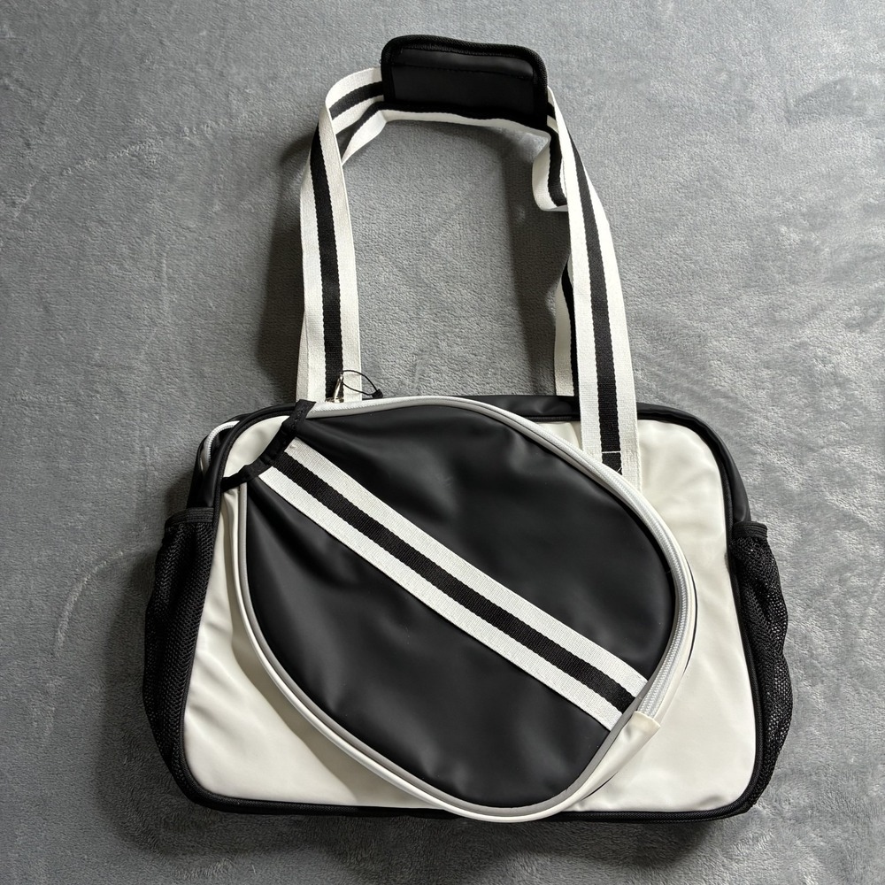 Pickleball‎ Paddle Carry Bag Women's Black White Soft Faux Leather Shoulder Tote